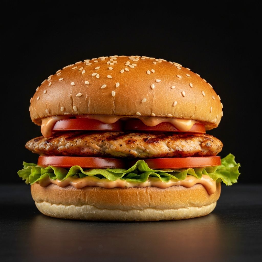 Juicy halal chicken burger with lettuce, tomato and sauce