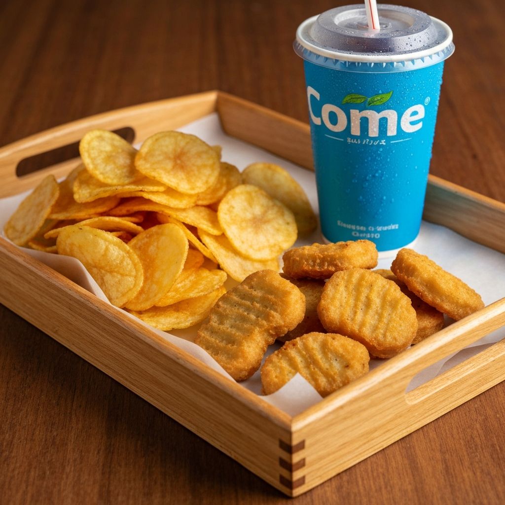Combo meal with golden chips, chicken nuggets and a drink
