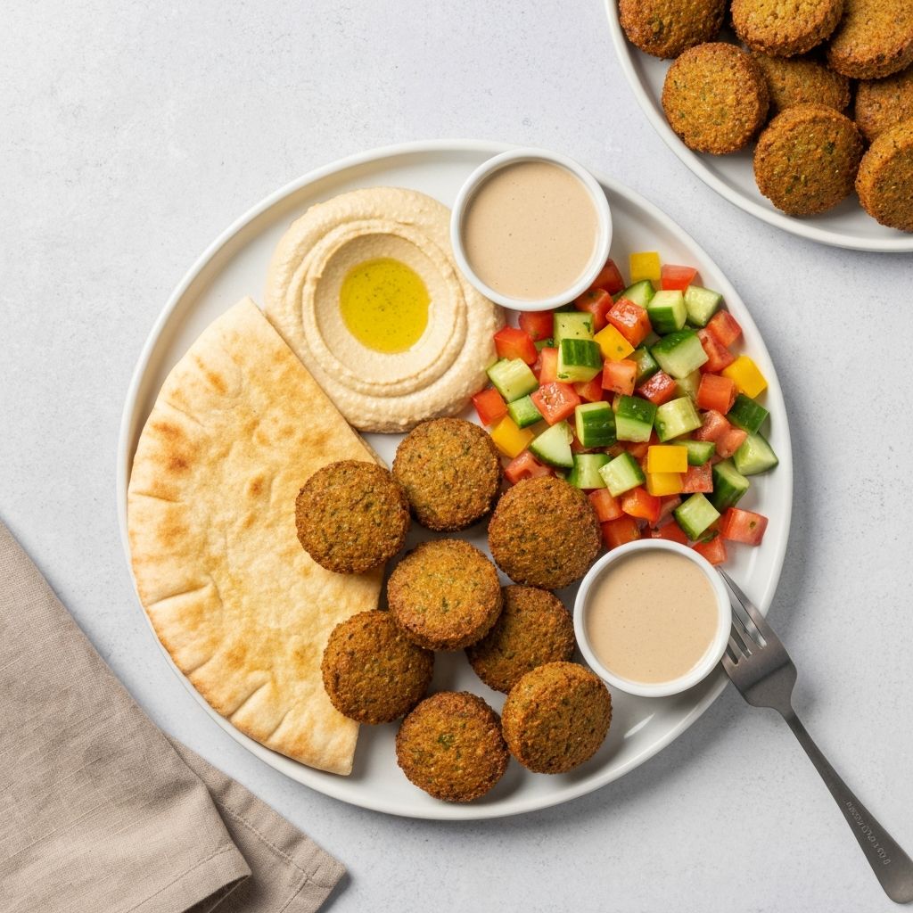 Fresh falafel plate with hummus, salad and pita bread