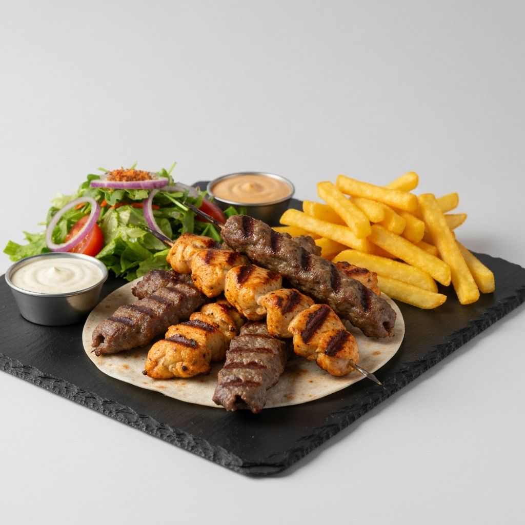 Halal shish kebab platter with mixed grilled meats and salad