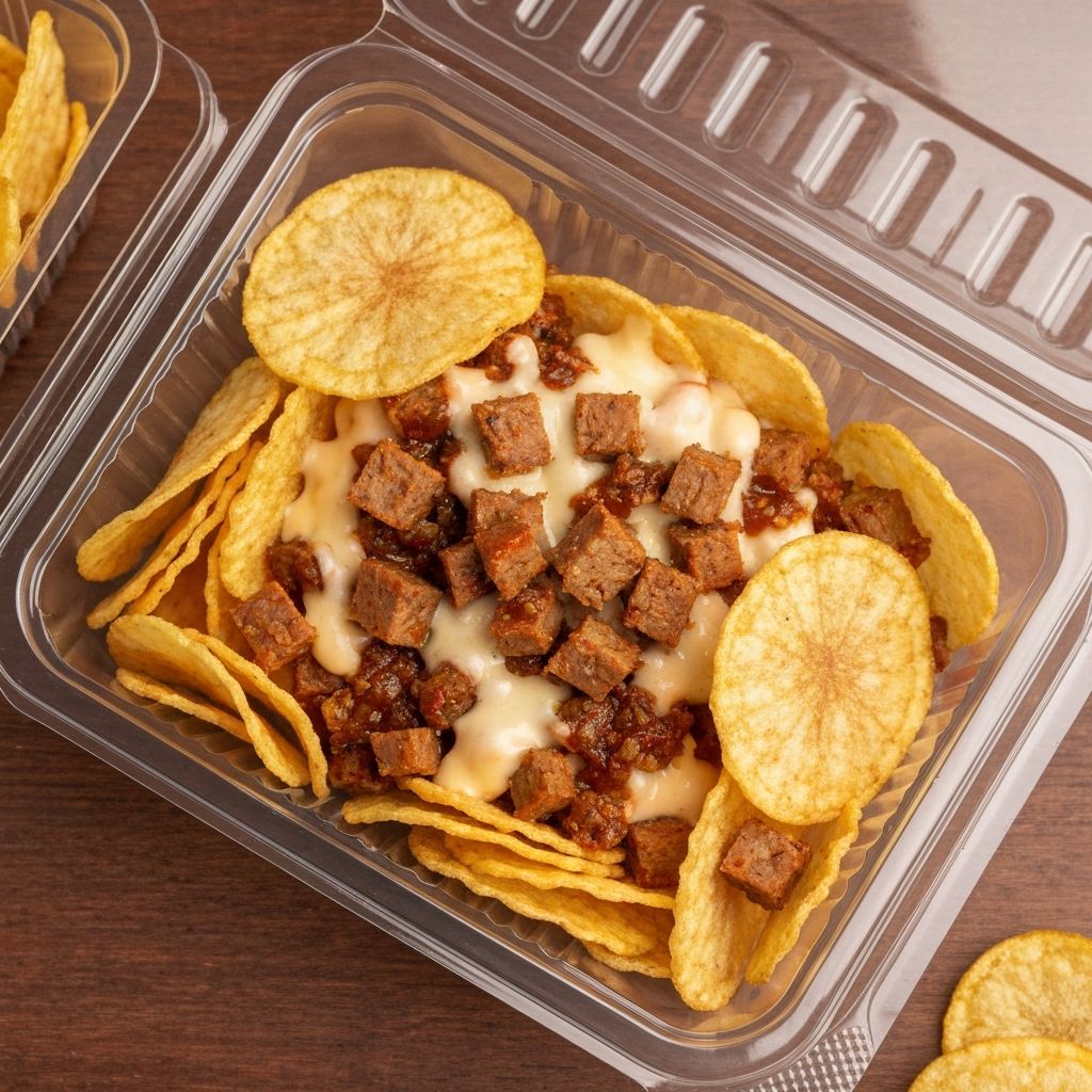 Halal snack pack with chips, meat and sauce in a takeaway container